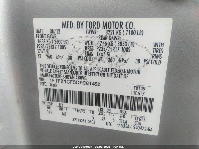 2012 FORD F-150 XL/STX/XLT/FX2/LARIAT VIN: 1FTFX1CF5CFC81452