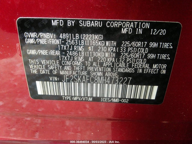 2021 SUBARU FORESTER PREMIUM VIN: JF2SKAFC8MH473227