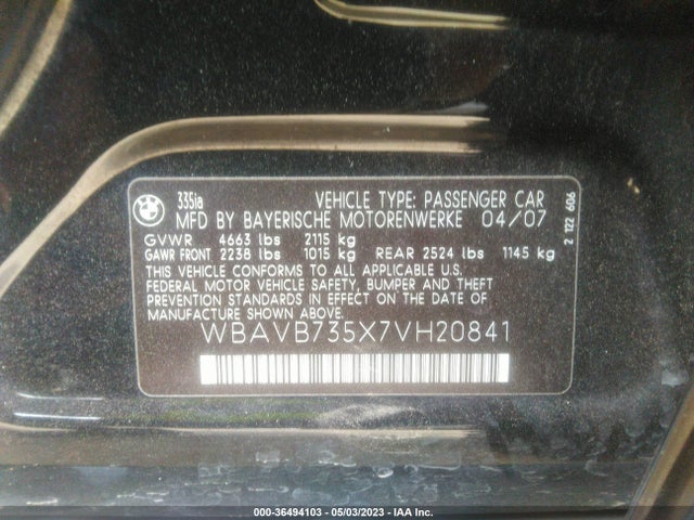 2007 BMW 3 SERIES 335I VIN: WBAVB735X7VH20841