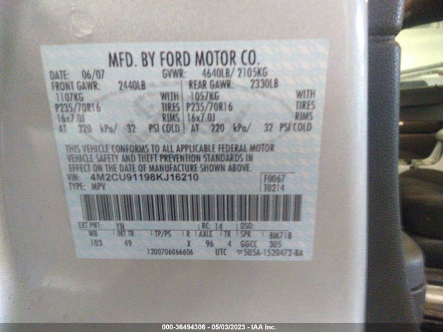 2008 MERCURY MARINER VIN: 4M2CU91198KJ16210