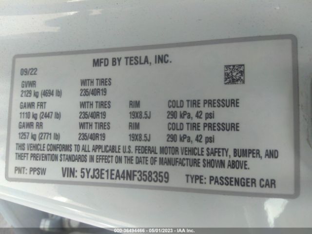 5YJ3E1EA4NF358359 Tesla MODEL 3