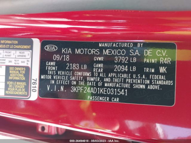 3KPF24AD1KE031541 KIA Forte Lxs