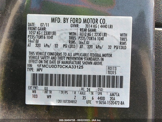 2012 FORD ESCAPE XLT VIN: 1FMCU0D70CKA33125