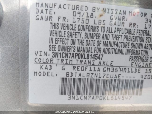3N1CN7AP0KL814547 Nissan Versa Sedan Sv