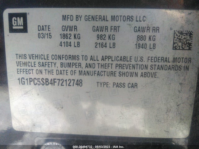2015 CHEVROLET CRUZE LT VIN: 1G1PC5SB4F7212748