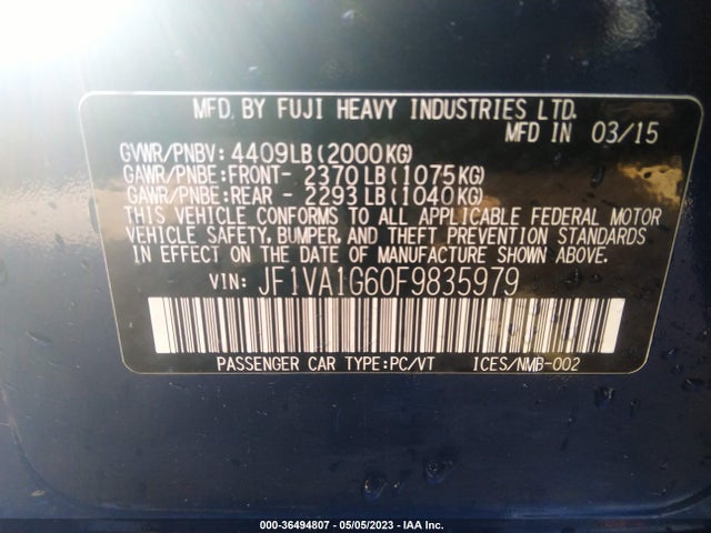 2015 Subaru Wrx Limited მანქანა იყიდება აუქციონზე, vin: JF1VA1G60F9835979, აუქციონის ნომერი: 36494807