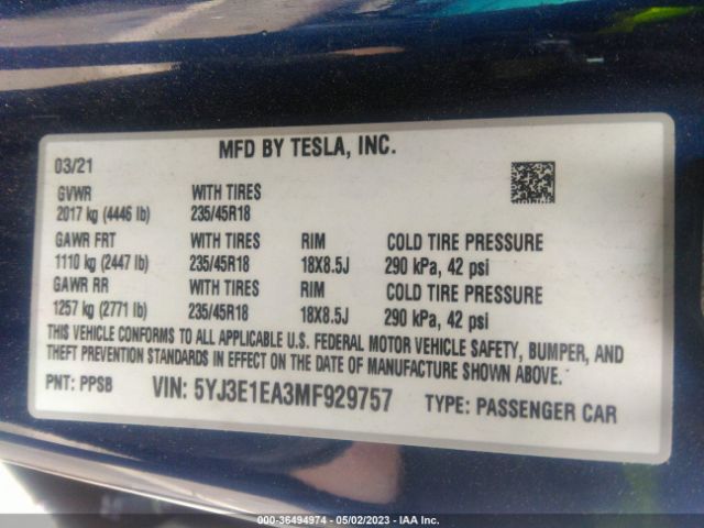 5YJ3E1EA3MF929757 Tesla Model 3 Standard Range Plus
