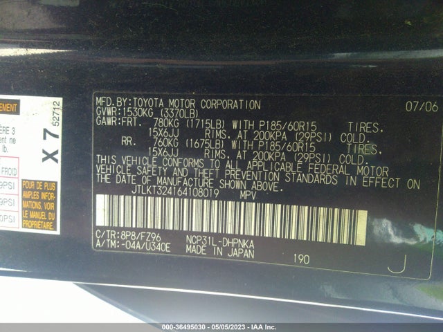 2006 SCION XB VIN: JTLKT324164108019