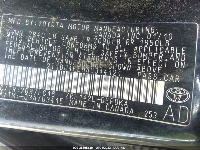 2010 TOYOTA COROLLA VIN: 2T1BU4EE9AC344121