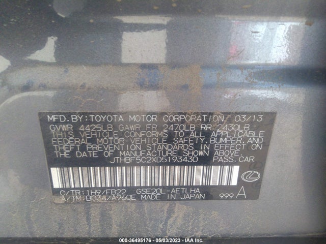 2013 LEXUS IS 250 VIN: JTHBF5C2XD5193430