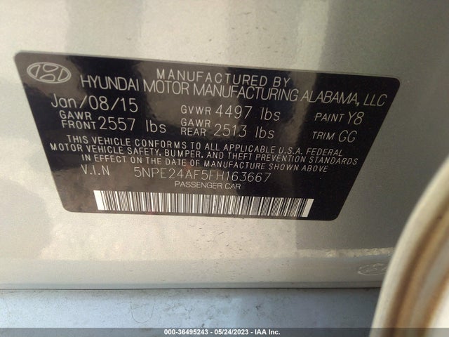 2015 HYUNDAI SONATA 2.4L SE VIN: 5NPE24AF5FH163667