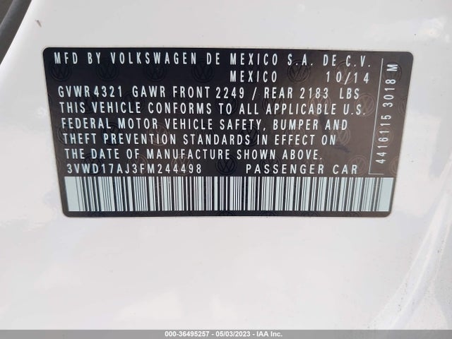 3VWD17AJ3FM244498 Volkswagen Jetta Sedan 1.8t Se