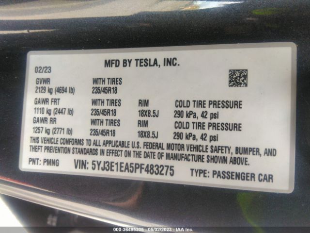 5YJ3E1EA5PF483275 Tesla MODEL 3