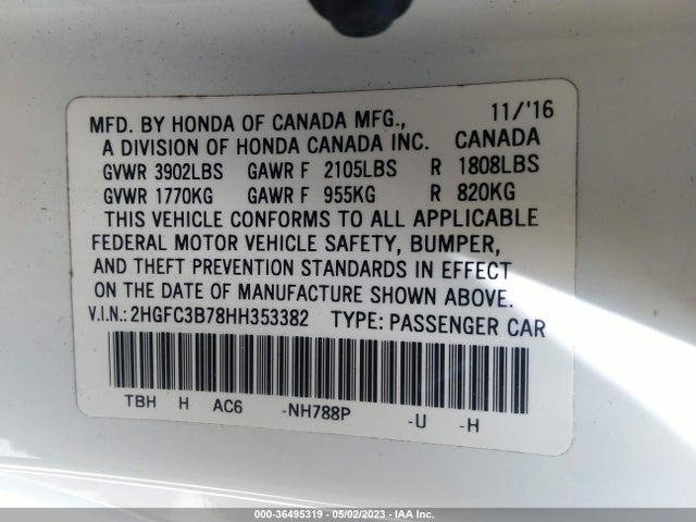 2017 HONDA CIVIC COUPE EX-L VIN: 2HGFC3B78HH353382