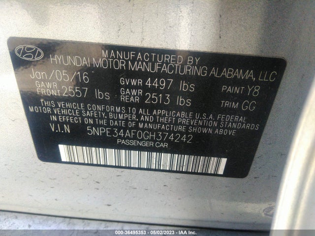 2016 HYUNDAI SONATA 2.4L SPORT VIN: 5NPE34AF0GH374242