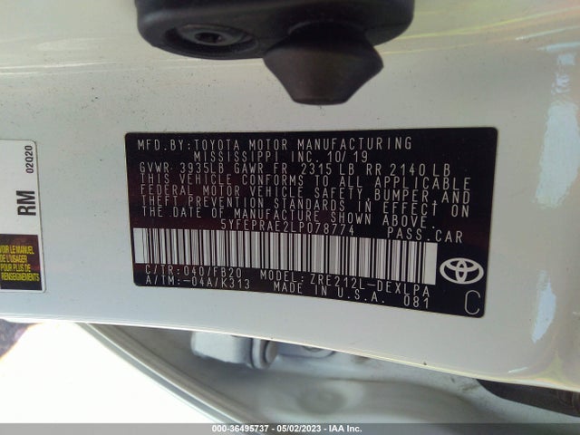 2020 TOYOTA COROLLA LE VIN: 5YFEPRAE2LP078774