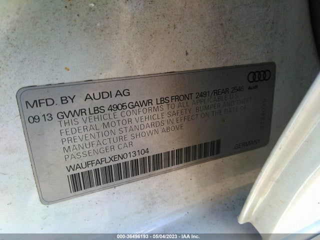 2014 AUDI A4 PREMIUM PLUS VIN: WAUFFAFLXEN013104