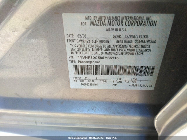 2008 MAZDA MAZDA6 I SPORT VE VIN: 1YVHP80C585M36116
