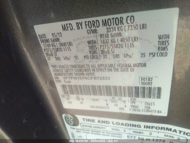 2012 FORD F150 SUPER VIN: 1FTFW1EF0CFB72333