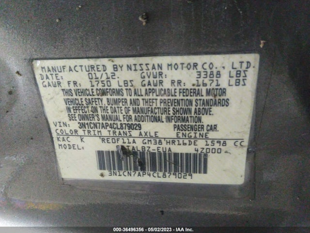 2012 NISSAN VERSA SV VIN: 3N1CN7AP4CL879029