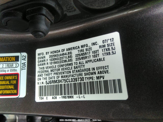 2012 HONDA CR-V EX-L VIN: 5J6RM3H75CL039730