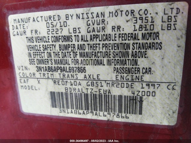 2010 NISSAN SENTRA 2.0 SR VIN: 3N1AB6AP9AL697866
