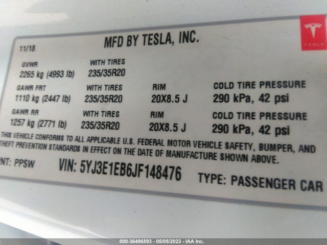 Tesla Model 3 Long Range 2018 5YJ3E1EB6JF148476 Image 11