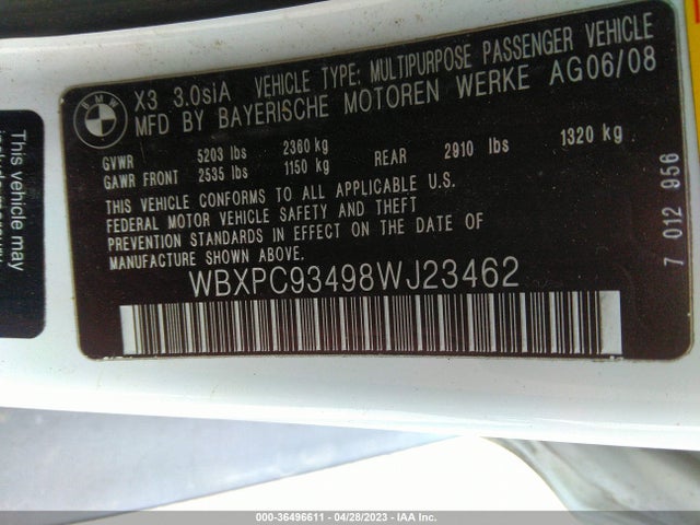 2008 BMW X3 3.0SI VIN: WBXPC93498WJ23462