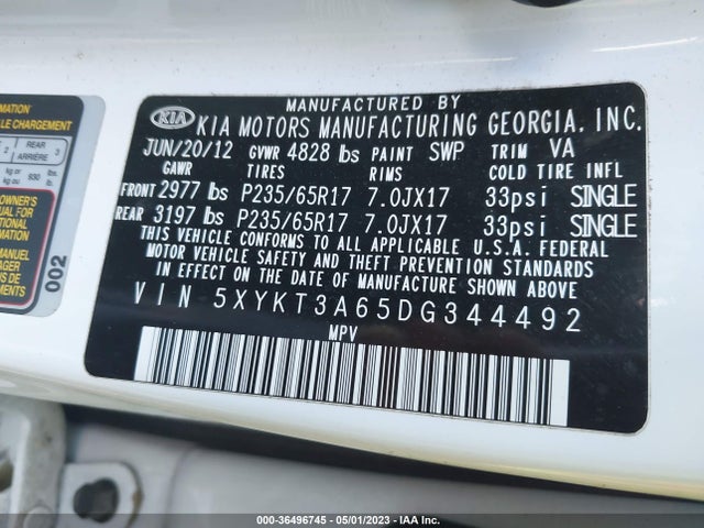 2013 KIA SORENTO LX VIN: 5XYKT3A65DG344492