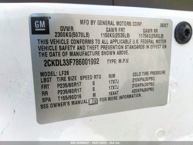 2008 PONTIAC TORRENT VIN: 2CKDL33F786001992