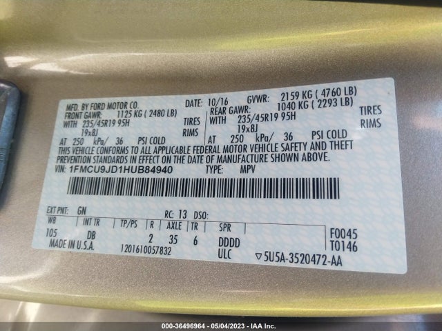Ford Escape Titanium 2017 1FMCU9JD1HUB84940 Image 9