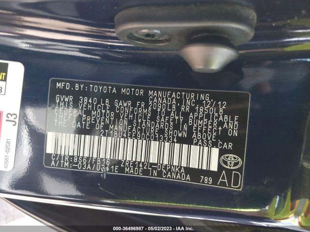 2013 TOYOTA COROLLA LE VIN: 2T1BU4EE9DC013334