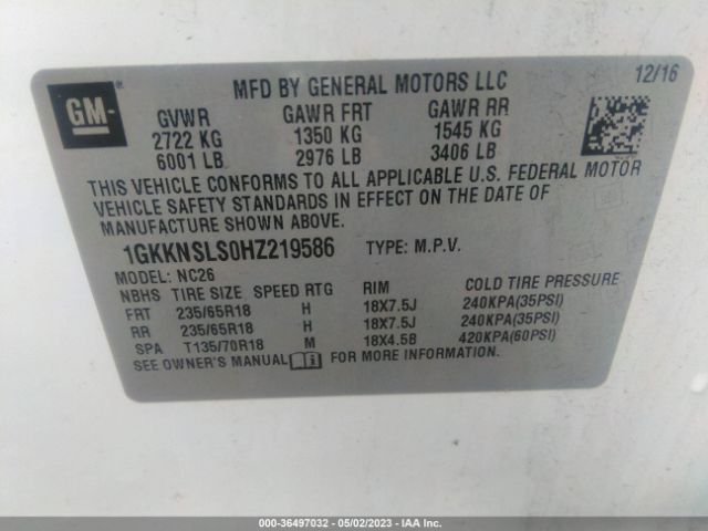 1GKKNSLS0HZ219586 GMC ACADIA SLE