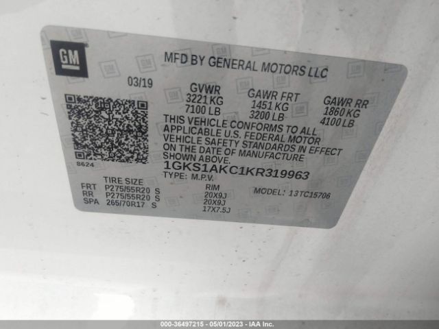 1GKS1AKC1KR319963 GMC YUKON SLE