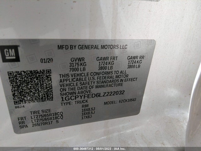 2020 CHEVROLET SILVERADO 1500 LT TRAIL BOSS VIN: 1GCPYFED6LZ222032