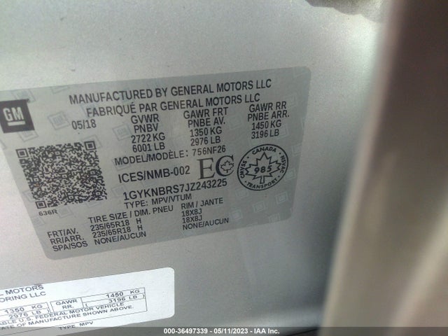 1GYKNBRS7JZ243225 Cadillac Xt5 Awd