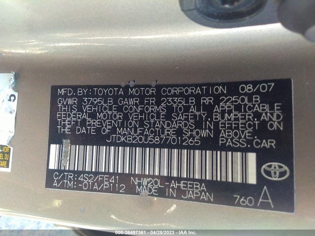 2008 TOYOTA PRIUS BASE (CVT-E) VIN: JTDKB20U587701265