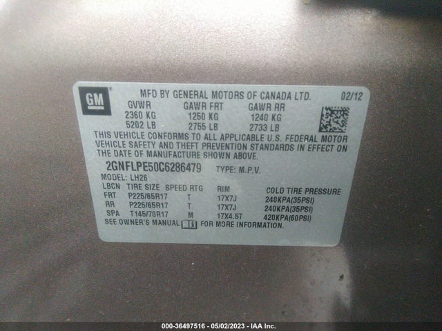 2012 CHEVROLET EQUINOX LT W/2LT VIN: 2GNFLPE50C6286479