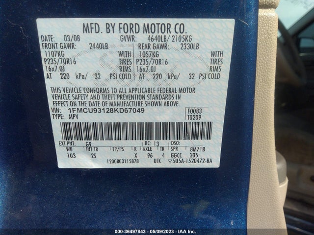 2008 FORD ESCAPE XLT VIN: 1FMCU93128KD67049