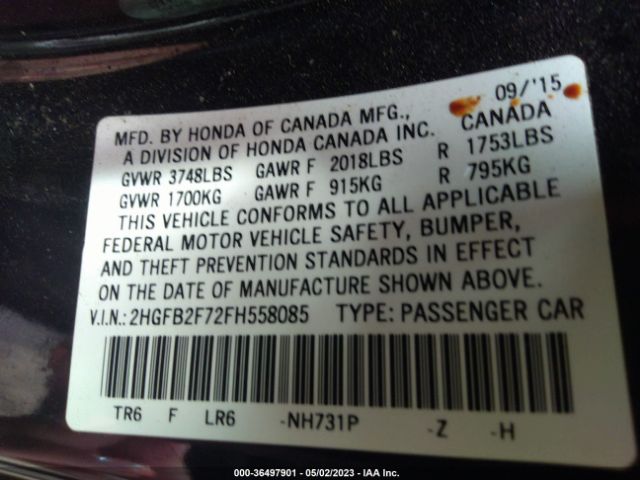 Honda Civic Sedan Se 2015 2HGFB2F72FH558085 Image 9