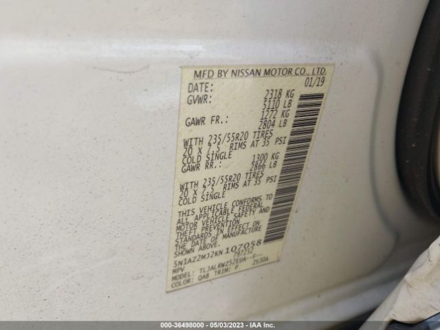 5N1AZ2MJ2KN107058 Nissan MURANO SL