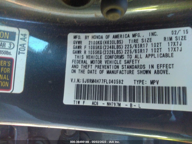 Honda Cr-v Ex-l 2015 5J6RM4H77FL040582 Image 9
