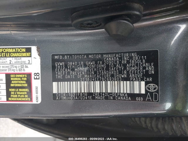 2011 TOYOTA COROLLA LE VIN: 2T1BU4EE7BC683803