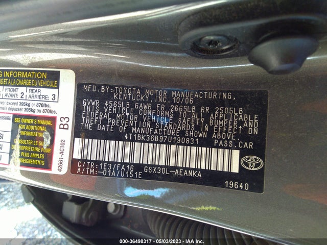 2007 TOYOTA AVALON XL/TOURING/XLS/LIMITED VIN: 4T1BK36B97U190831