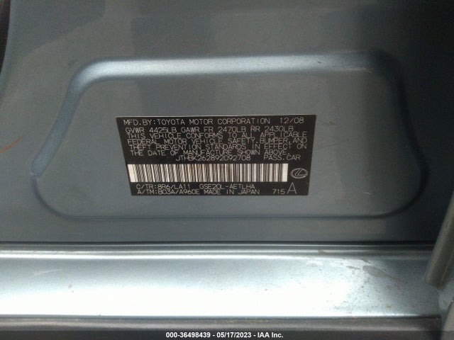 2009 LEXUS IS 250 VIN: JTHBK262892092708