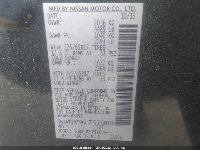 2016 NISSAN ROGUE SV/SL/S VIN: 5N1AT2MT9GC757009