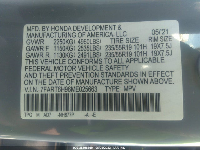 2021 HONDA CR-V HYBRID TOURING VIN: 7FART6H96ME025663