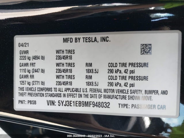 5YJ3E1EB9MF948032 Tesla Model 3 Long Range