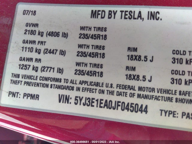 Tesla Model 3 Range Battery 2018 5YJ3E1EA0JF045044 Image 11