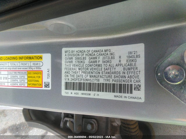 2022 HONDA CIVIC SEDAN SPORT VIN: 2HGFE2F50NH523758